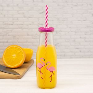 Garrafa de Vidro com Tampa e Canudo Flamingo 400mL Rosa - Solei