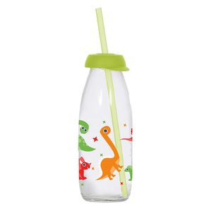 Garrafa de Vidro com Tampa e Canudo Dino 500mL Verde - Solei