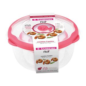 Jogo de Potes De Plástico Redondo Flor 3 Peças Rosa - Sanremo