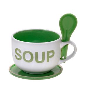 Caneca para Sopa com Colher 470mL Branca e Verde - Espressione