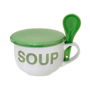 Caneca para Sopa com Colher 470mL Branca e Verde - Espressione