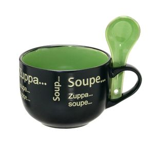 Caneca para Sopa com Colher 470mL Preta e Verde - Espressione