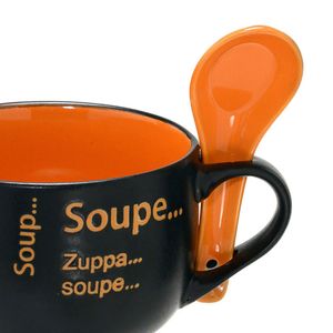 Caneca para Sopa com Colher 470mL Preta e Laranja - Espressione