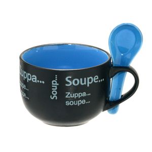 Caneca para Sopa com Colher 470mL Preta e Azul - Espressione