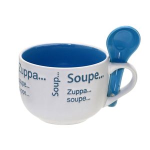 Caneca para Sopa com Colher 470mL Branca e Azul - Espressione