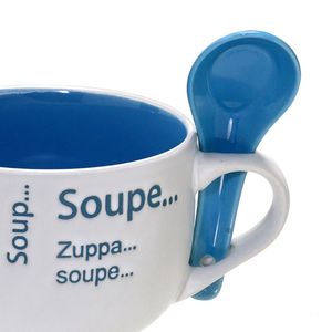 Caneca para Sopa com Colher 470mL Branca e Azul - Espressione