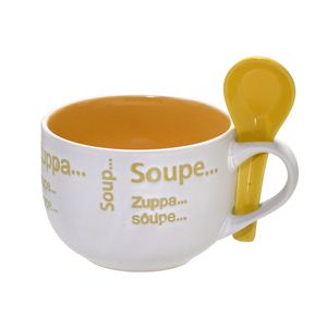 Caneca para Sopa com Colher 470mL Branca e Amarela - Espressione