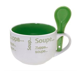Caneca para Sopa com Colher 470mL Branca e Verde - Espressione