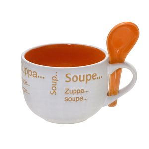 Caneca para Sopa com Colher 470mL Branca Laranja - Espressione