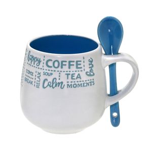 Caneca Café com Colher 325mL Branca e Azul - Espressione