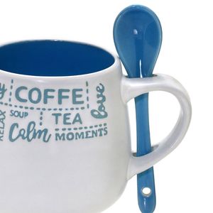 Caneca Café com Colher 325mL Branca e Azul - Espressione