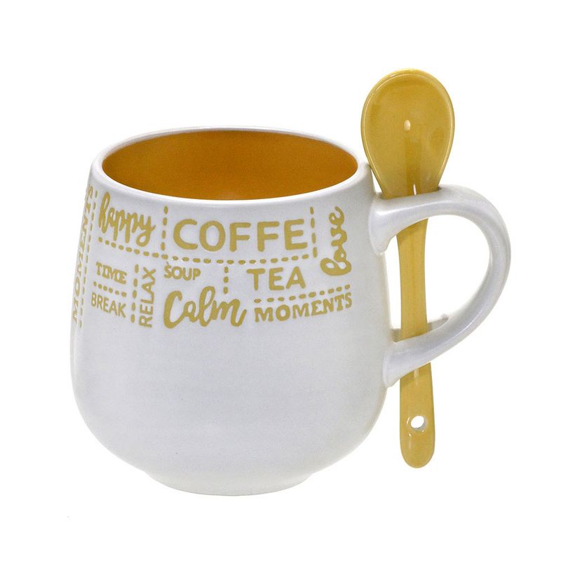 Caneca Café Com Colher 325mL Branca E Amarela - Preçolandia - Preçolândia