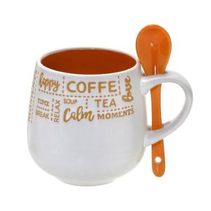 Caneca Café com Colher 325mL Branca e Laranja - Espressione