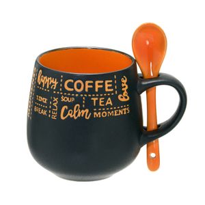 Caneca Café com Colher 325mL Preta e Laranja - Espressione