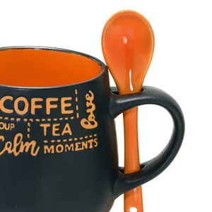 Caneca Café com Colher 325mL Preta e Laranja - Espressione