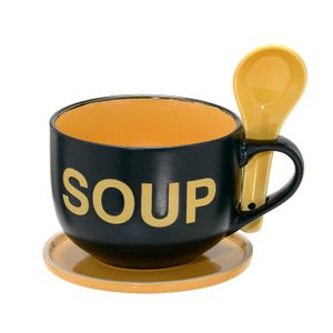 Caneca para Sopa com Colher Pires 470mL Preta e Amarela - Espressione