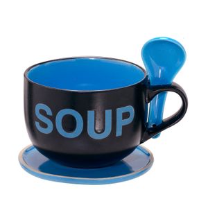 Caneca para Sopa com Colher Pires 470mL Preta e Azul - Espressione