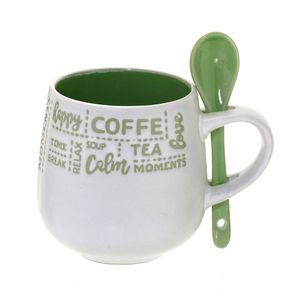Caneca para Sopa com Colher 325mL Branca e Verde - Espressione