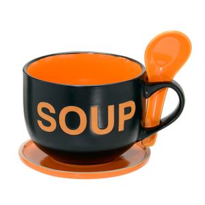 Caneca de Sopa com Colher Pires 470mL Preta e Laranja - Espressione