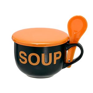 Caneca de Sopa com Colher Pires 470mL Preta e Laranja - Espressione