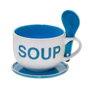 Caneca para Sopa com Colher Pires 470mL Branca e Azul - Espressione