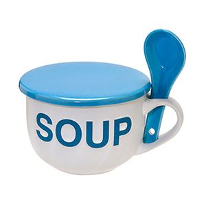 Caneca para Sopa com Colher Pires 470mL Branca e Azul - Espressione