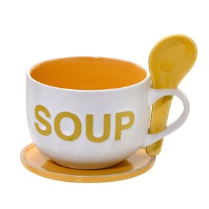 Caneca para Sopa com Colher Pires 470mL Branca e Amarela - Espressione