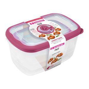 Kit 3 Potes de Plástico Retangular Hermético Flor Rosa - Sanremo