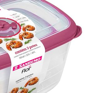Kit 3 Potes de Plástico Retangular Hermético Flor Rosa - Sanremo