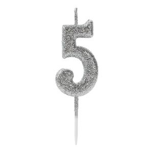 Vela Pick Glitter Número 5 Prateada - Silver Plastic