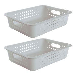Kit Com 2 Cestas Organizadoras Retangular Baixa 10x41cm Branca - Martiplast