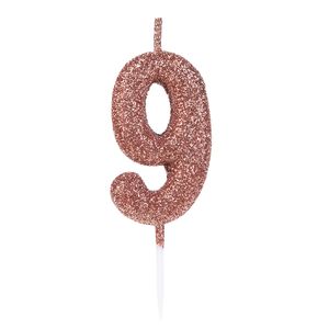 Vela Pick Glitter Número 9 Rose Gold - Silver Plastic