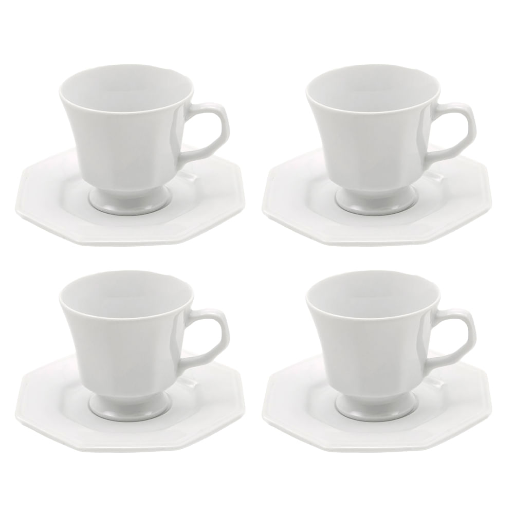 Kit Com 4 Xícara de Chá com Pires Prisma 200mL Branca - Schmidt