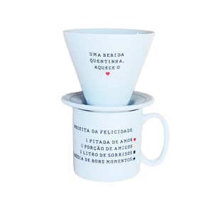 Kit Caneca com Coador Receita da Felicidade Branca - Porcelana e Cia