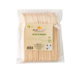 Colher de Madeira Descartável 11cm Natural 50 Unidades - Silver Plastic