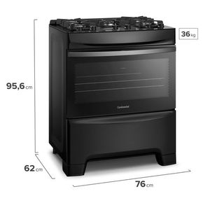 Fogão 5 Bocas Continental Preto Mesa de Vidro, Forno Eco Turbo e Tripla Chama (FC5GB)