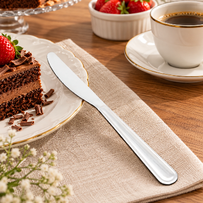 Faca de sobremesa em aço inox com acabamento polido, posicionada sobre guardanapo bege ao lado de uma fatia de bolo de chocolate e xícara de café.