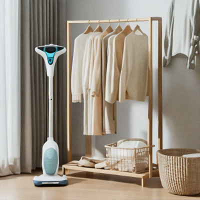 Passadeira a vapor vertical ao lado de arara com roupas penduradas em ambiente organizado.