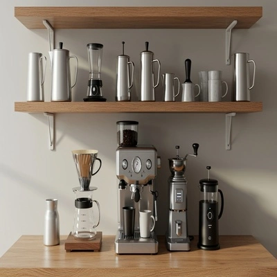 Cafeteira filtro elétrica e acessórios para preparo de café organizados em prateleiras de cozinha, criando um espaço funcional para os amantes de café.