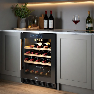 Adega climatizada embutida em móvel de cozinha, com porta de vidro e garrafas de vinho organizadas em prateleiras.