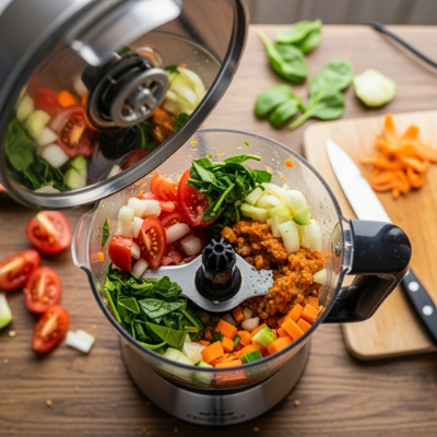 Processador de alimentos visto de cima com tomate, cenoura, folhas verdes e outros vegetais no recipiente para processamento.