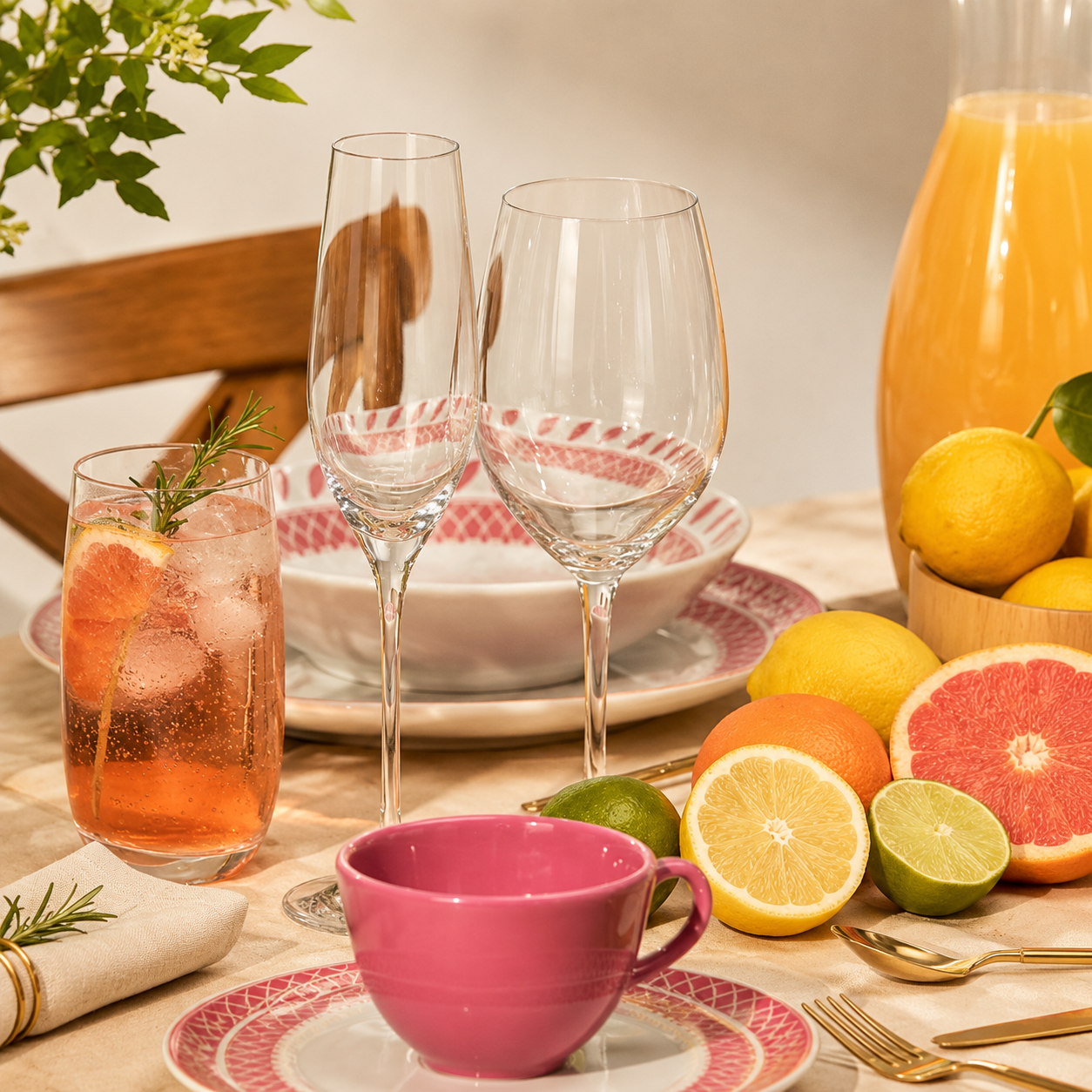 Taças de cristal para espumante compondo uma mesa posta com frutas cítricas, louças decoradas, suco natural e utensílios dourados, criando uma composição elegante e acolhedora.