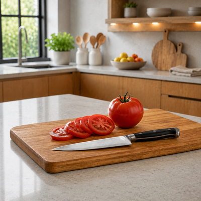 Faca do chef ao lado de tomate inteiro e rodelas sobre tábua em cozinha moderna.