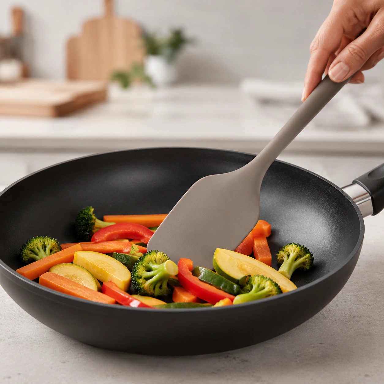 Espátula de silicone mexendo legumes em frigideira antiaderente.