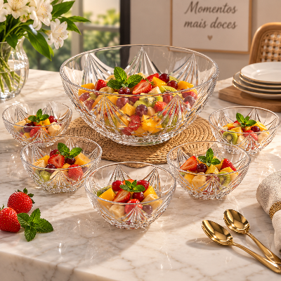 Jogo de sobremesa em vidro trabalhado com uma tigela grande e bowls individuais, servindo frutas frescas sobre mesa posta.