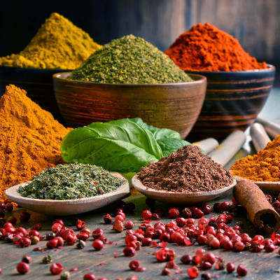 Temperos e especiarias coloridos em pó, acompanhados de ervas, pimentas e sementes sobre mesa.