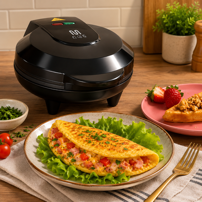 Omeleteira elétrica fechada em bancada de cozinha moderna, acompanhada por um prato com omelete recheada, salada e ingredientes frescos para o preparo.