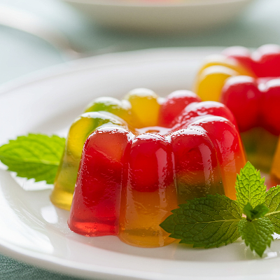 Gelatina colorida em porções individuais nos sabores vermelho, amarelo e verde, decorada com folhas de hortelã.