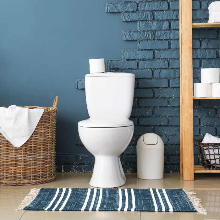 Tapete listrado azul e branco posicionado em frente ao vaso sanitário em um banheiro com parede azul escura.