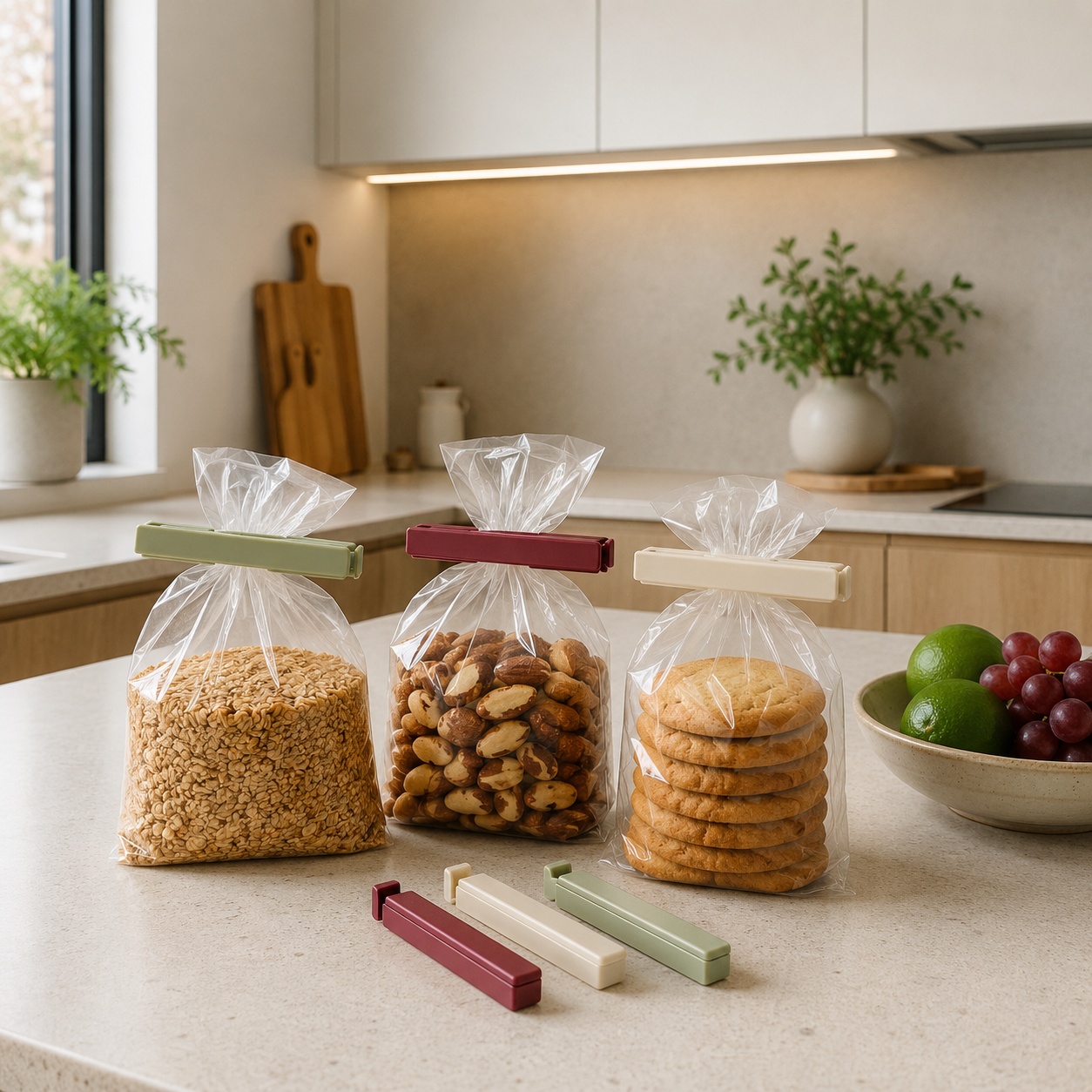 Sacos de grãos, castanhas e biscoitos vedados com clips coloridos sobre bancada moderna.